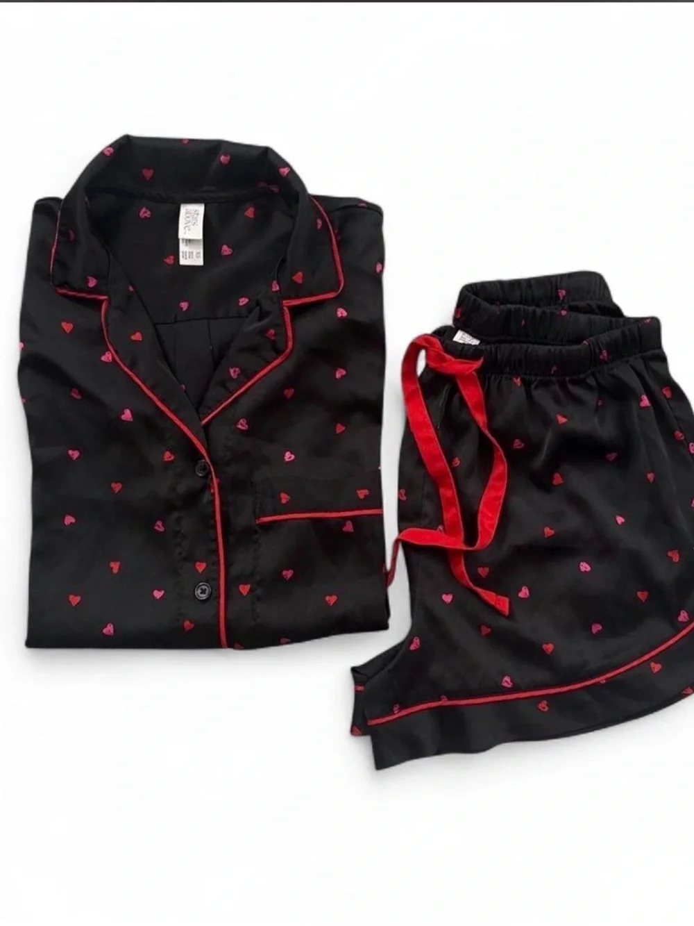 Black Satin Heart-Print Pajama Set with Red Accents